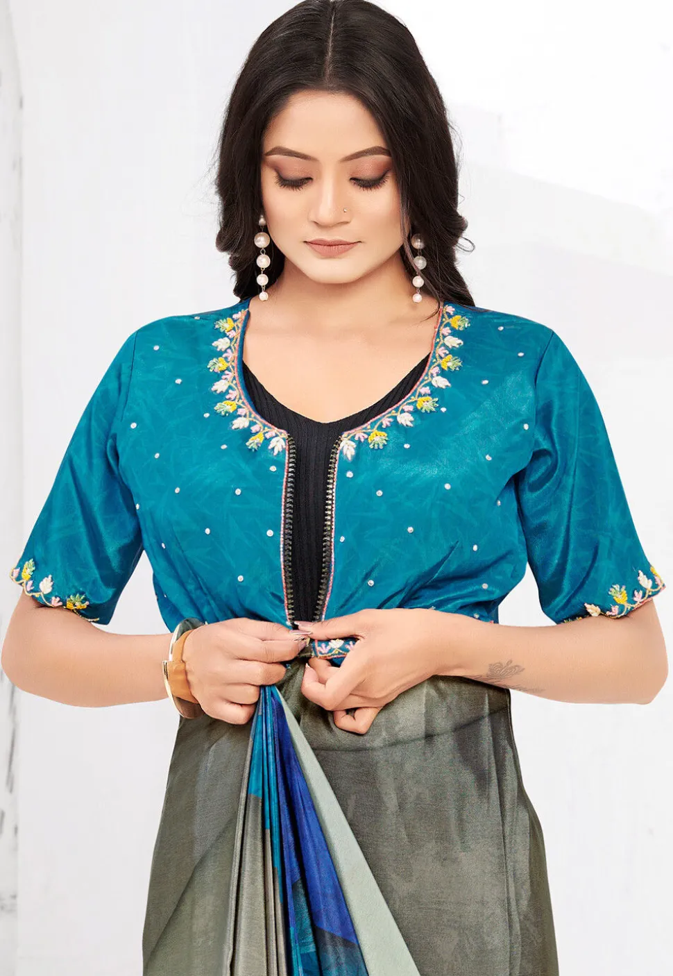 Pre-stitched Crepe Saree in Blue