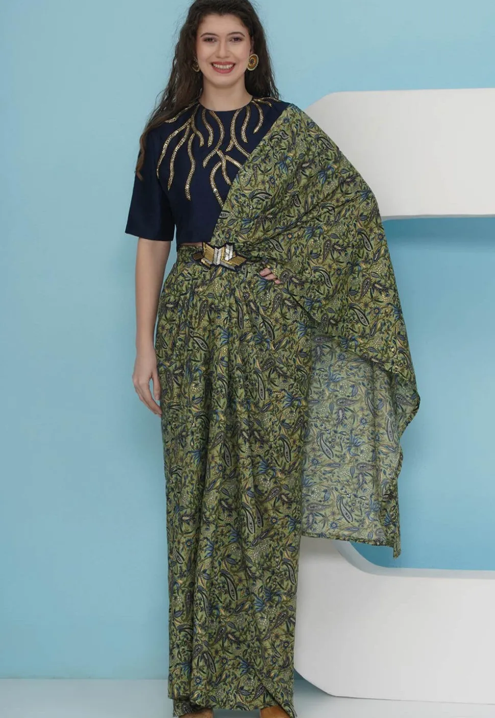 Pre-stitched Crepe Saree in Green