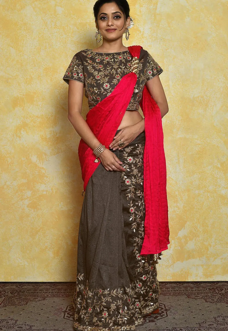 Pre-stitched Dupion Silk Saree in Coral Red and Dark Grey