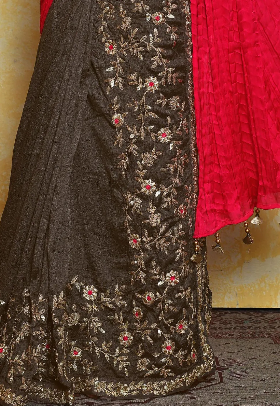 Pre-stitched Dupion Silk Saree in Coral Red and Dark Grey