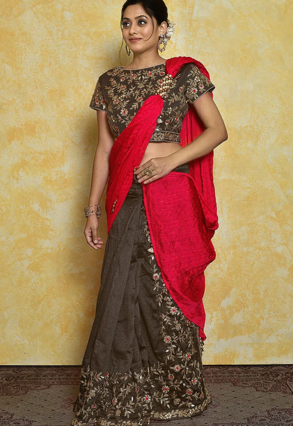 Pre-stitched Dupion Silk Saree in Coral Red and Dark Grey