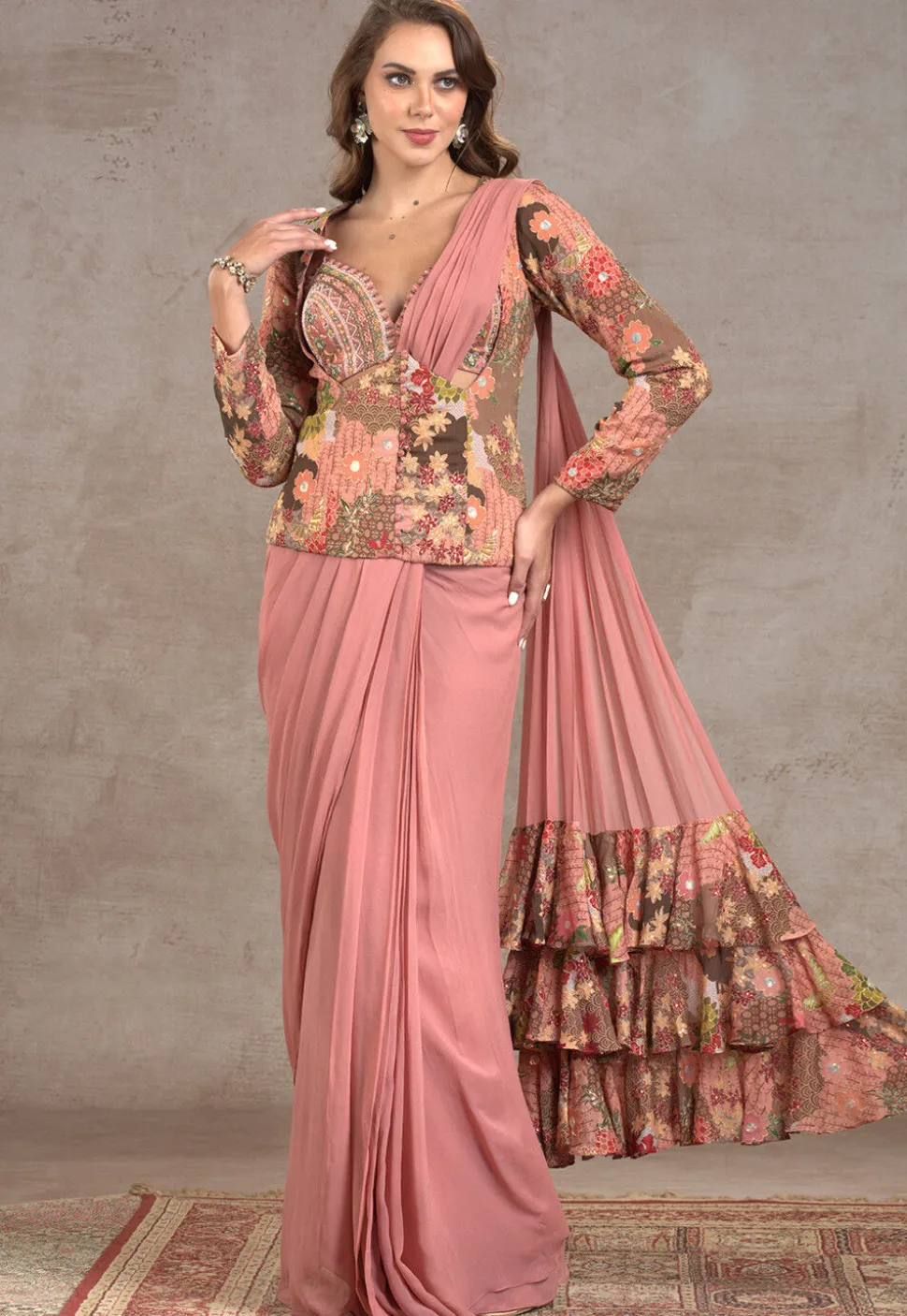 Pre-stitched Georgette Saree in Peach