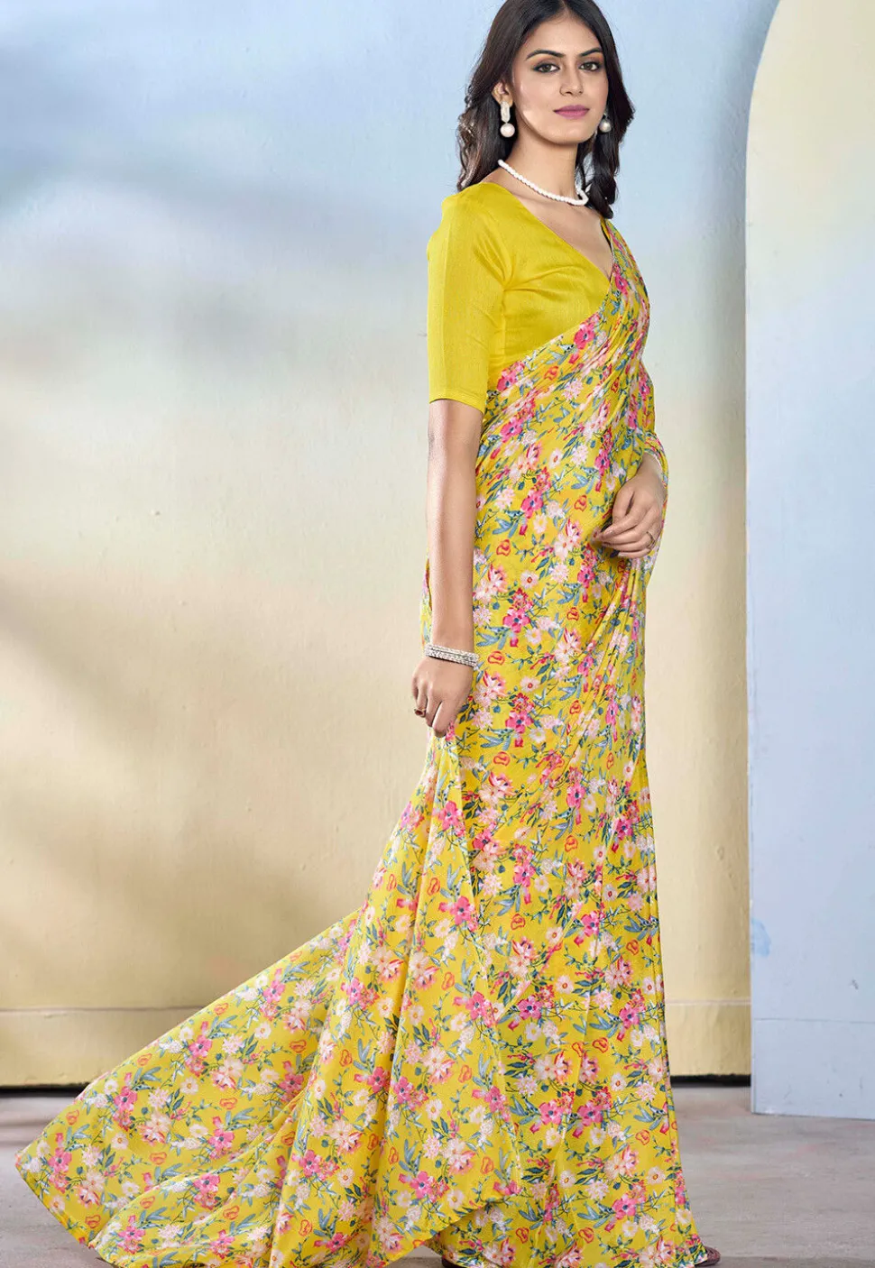 Pre-stitched Georgette Saree in Yellow