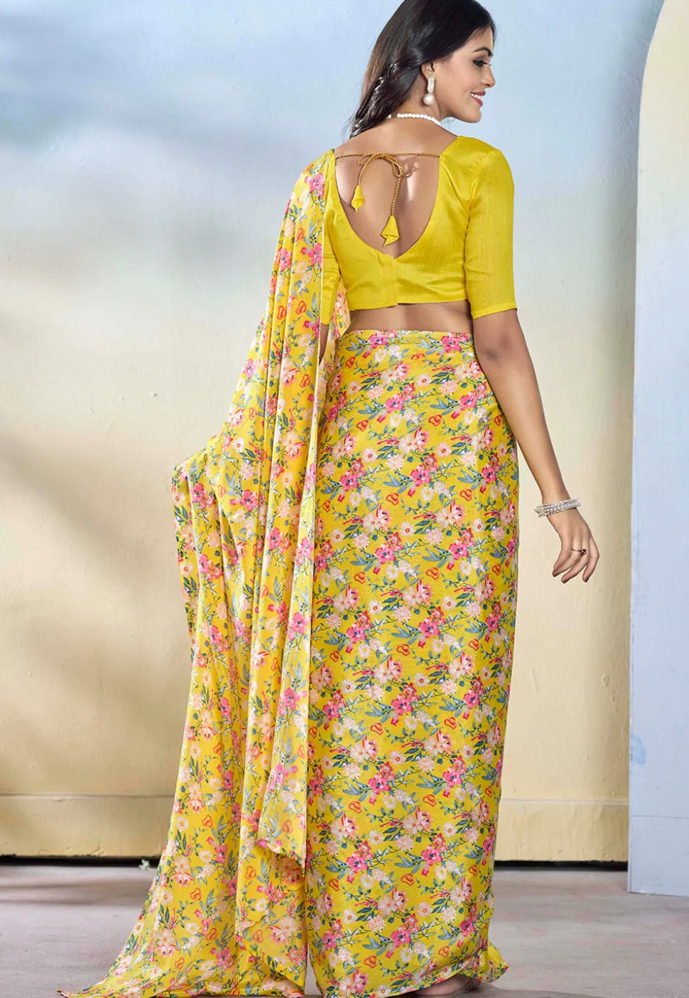 Pre-stitched Georgette Saree in Yellow