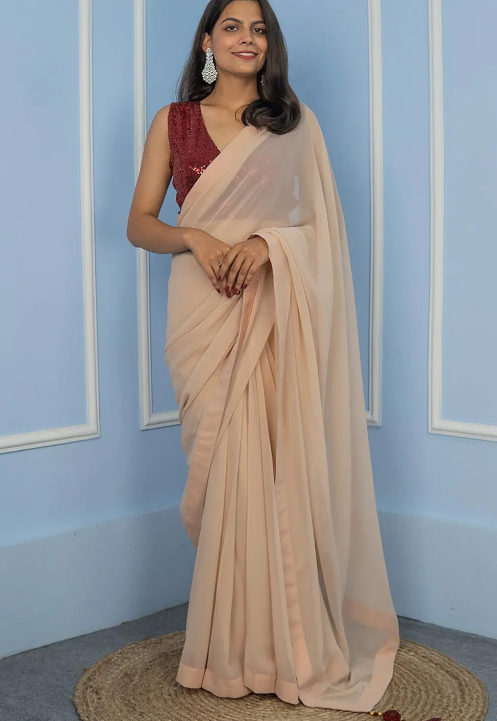 Pre-Stitched Georgette Saree in Fawn