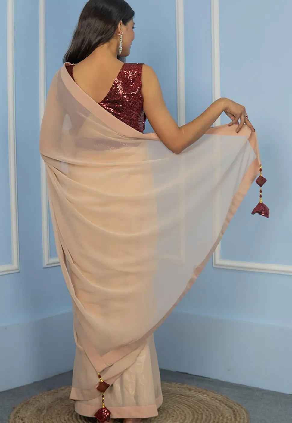 Pre-Stitched Georgette Saree in Fawn