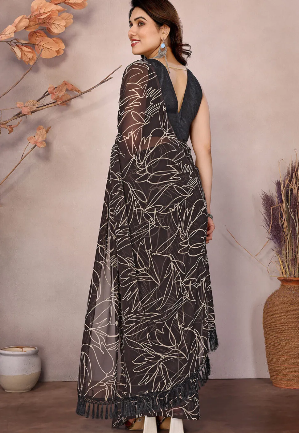 Pre-stitched Georgette Saree in Brown