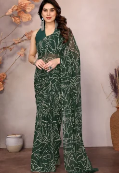 Pre-stitched Georgette Saree in Dark Green