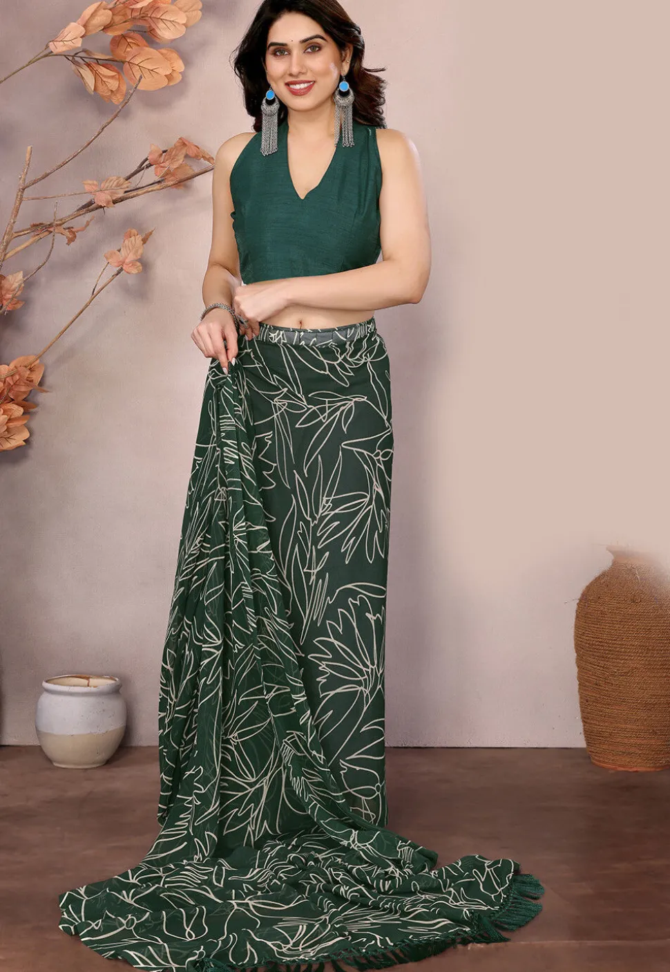 Pre-stitched Georgette Saree in Dark Green