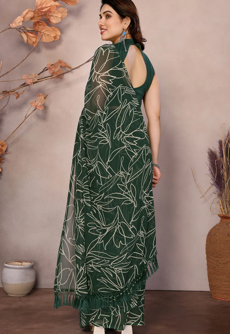 Pre-stitched Georgette Saree in Dark Green