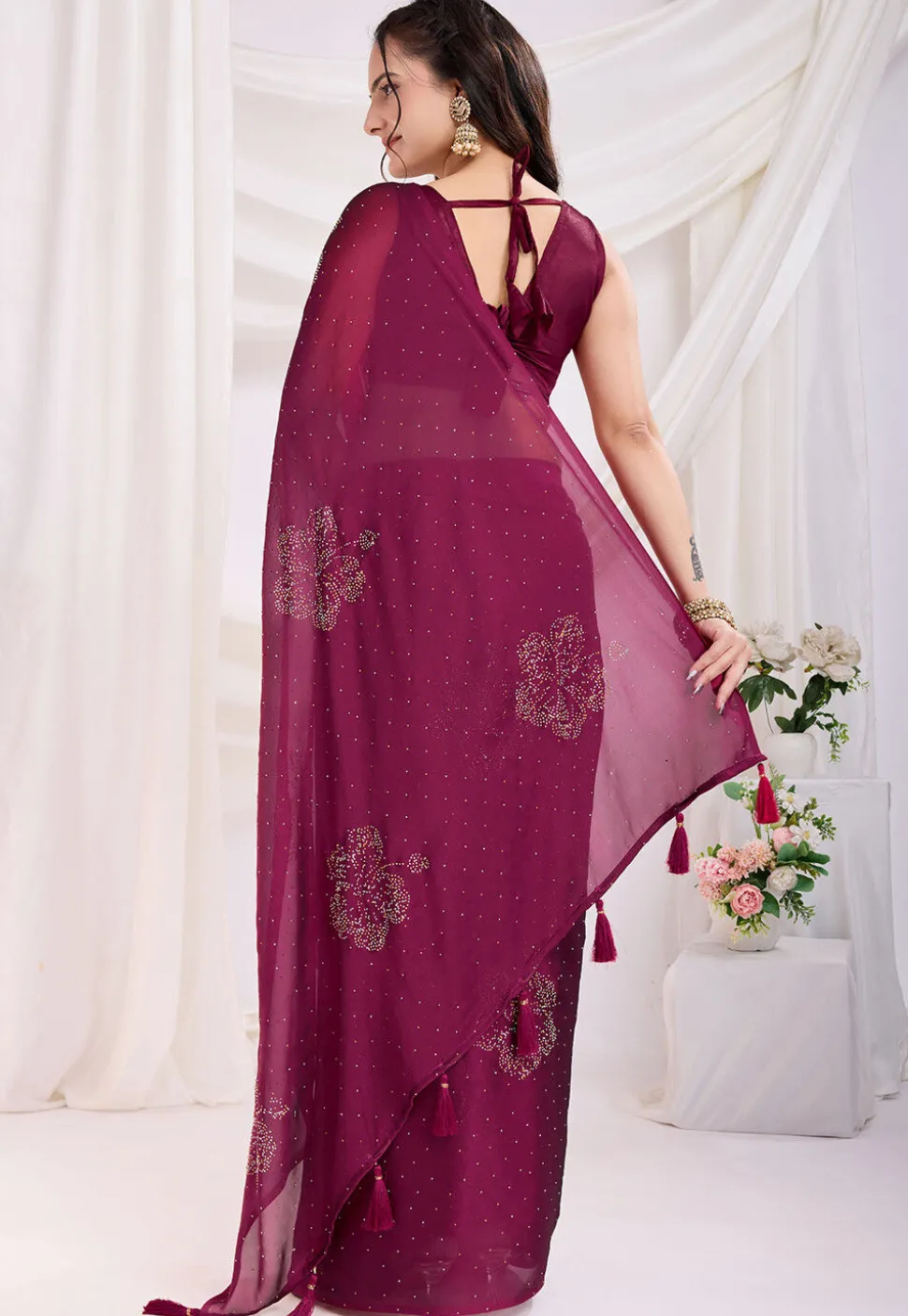 Pre-stitched Georgette Saree in Magenta