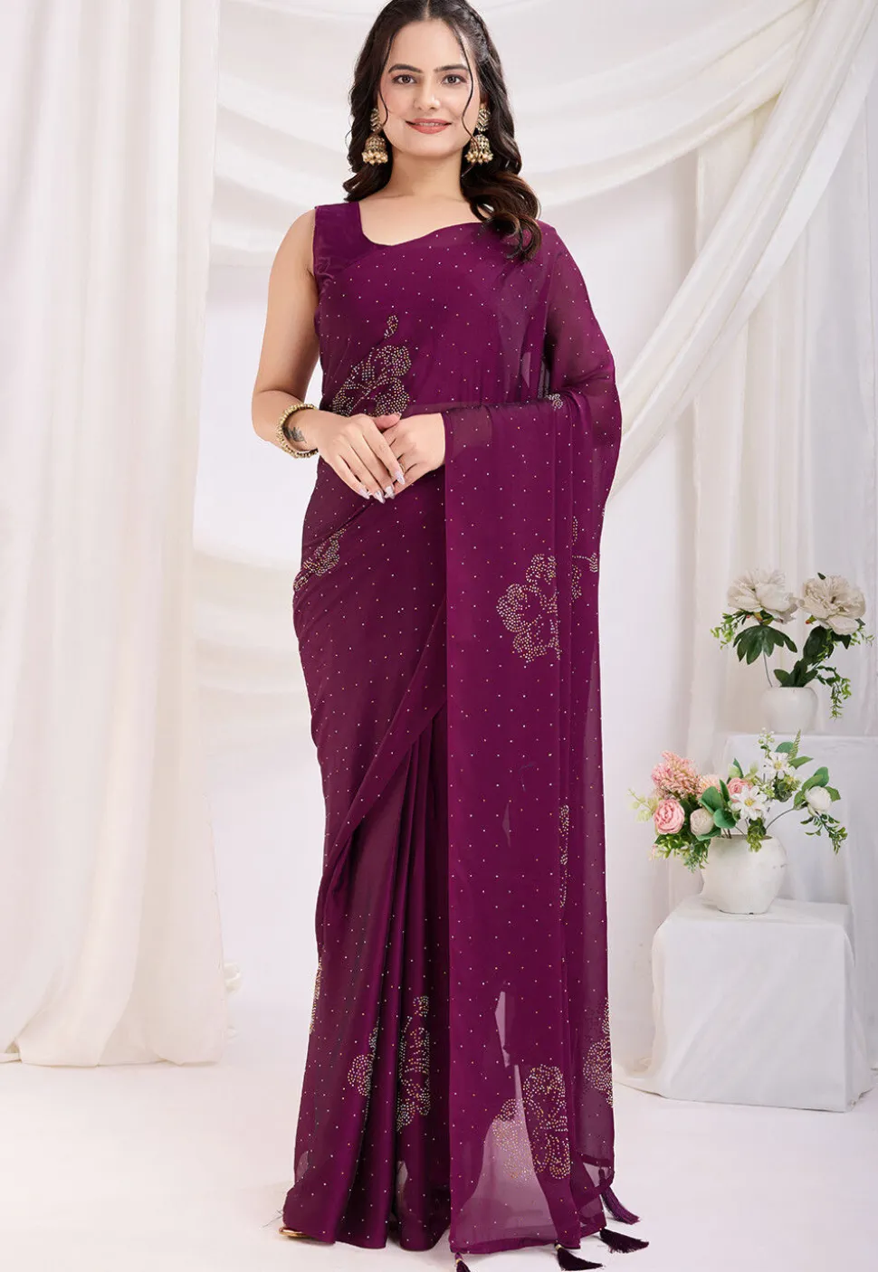 Pre-stitched Georgette Saree in Purple