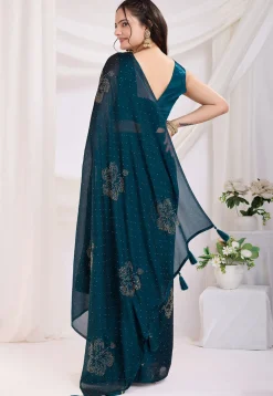 Pre-stitched Georgette Saree in Teal Blue
