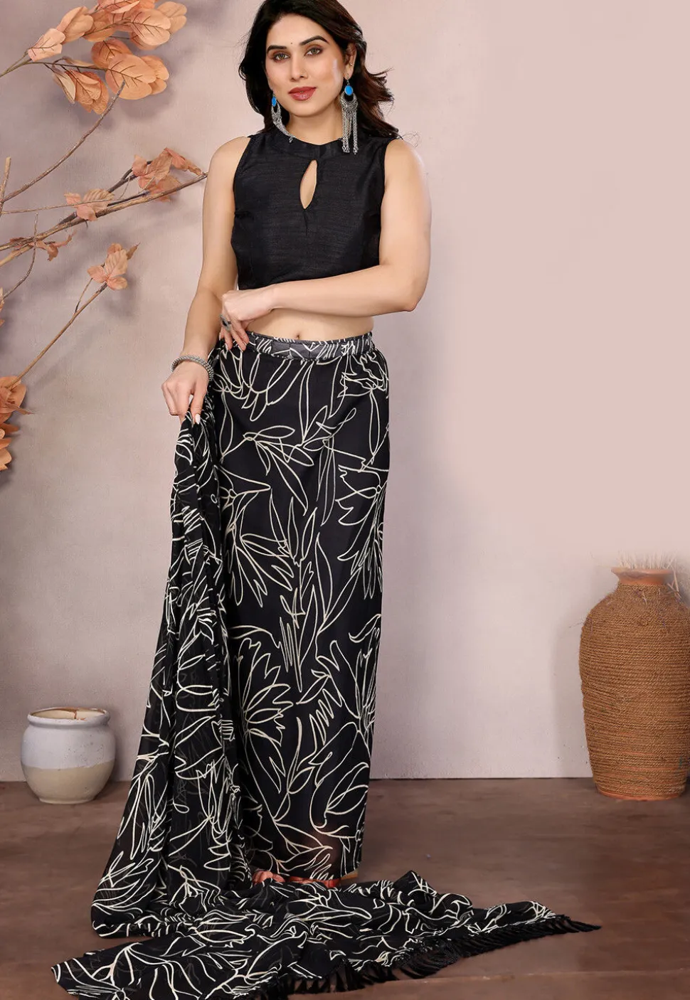 Pre-stitched Georgette Saree in Black