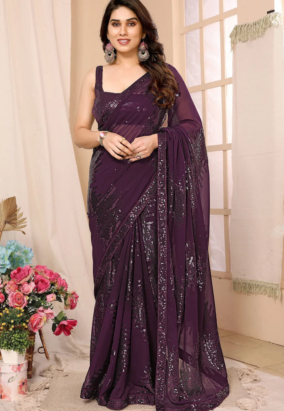 Pre-stitched Georgette Saree in Wine
