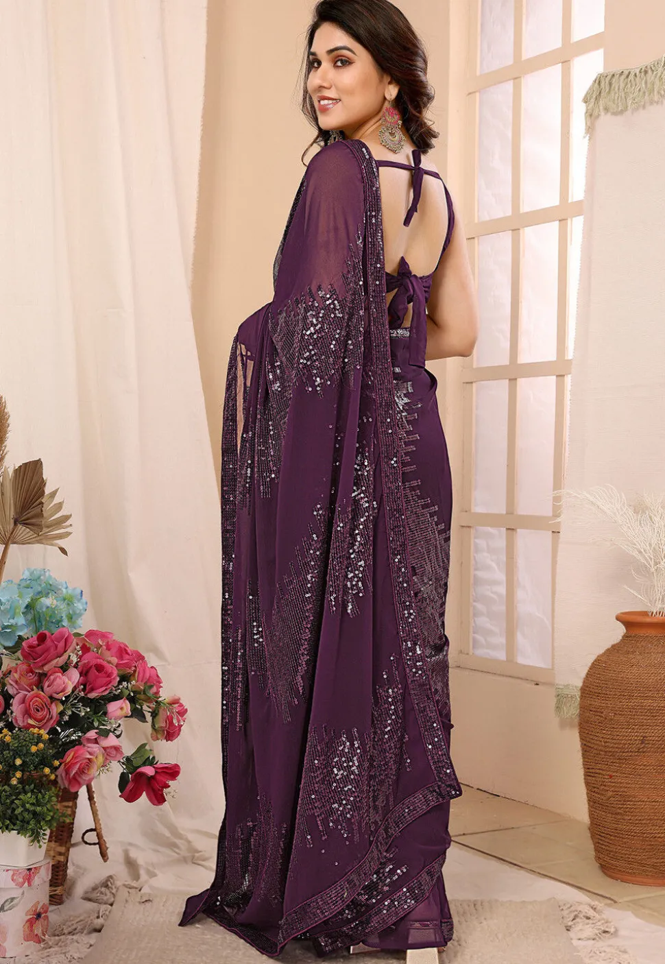 Pre-stitched Georgette Saree in Wine