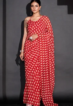 Pre-Stitched Georgette Saree in Red