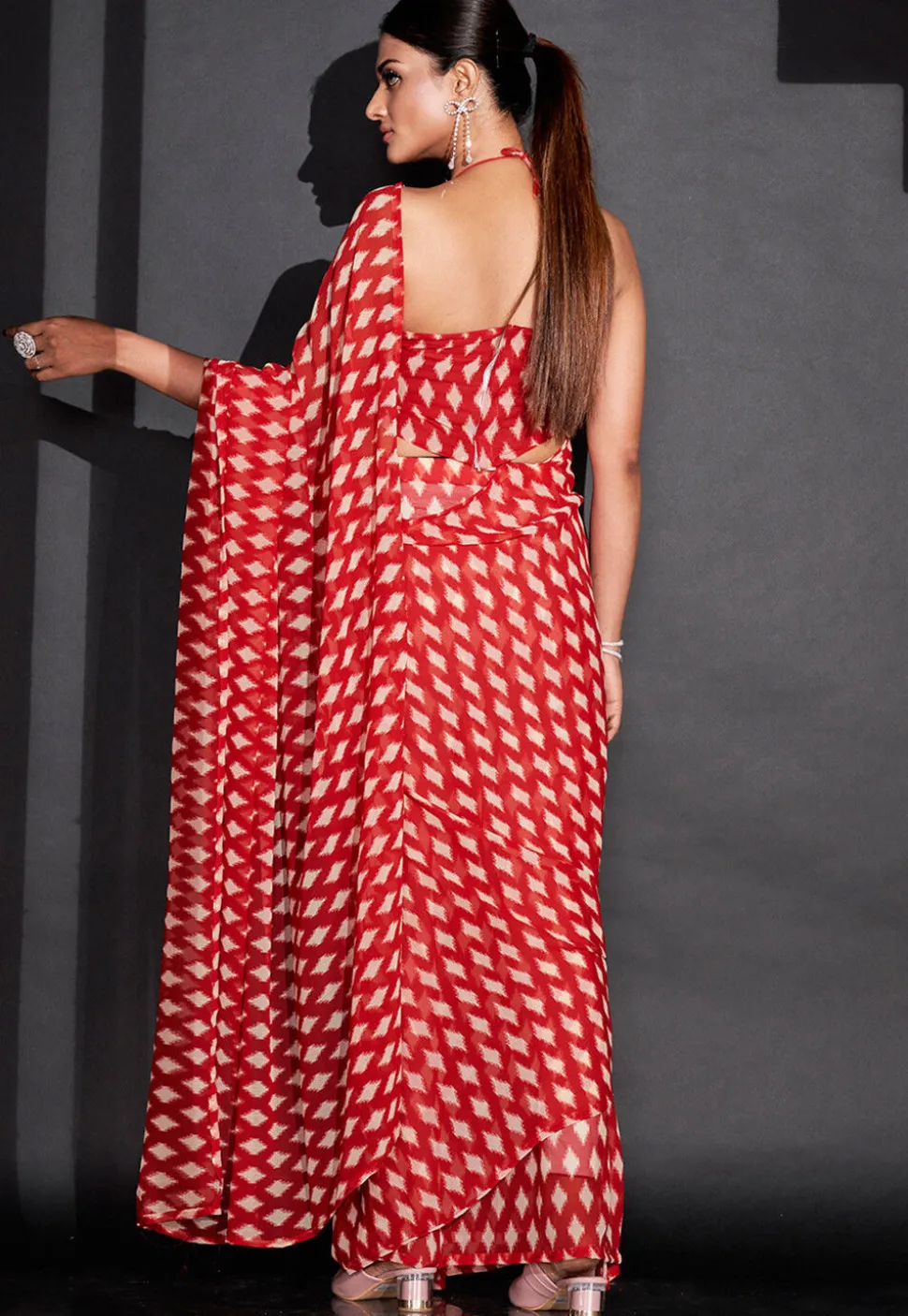 Pre-Stitched Georgette Saree in Red