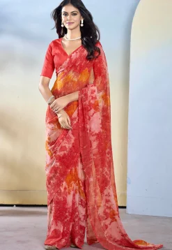 Pre-stitched Georgette Saree in Red