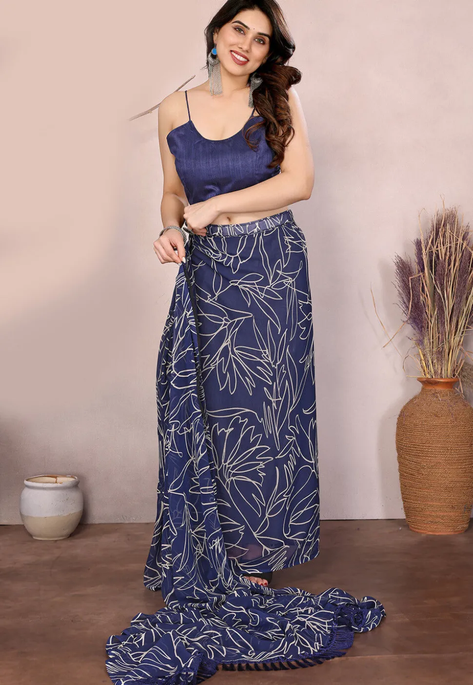 Pre-stitched Georgette Saree in Navy Blue