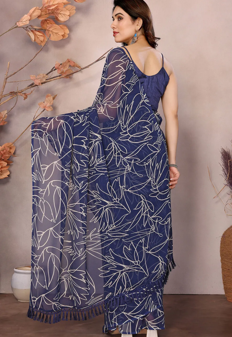 Pre-stitched Georgette Saree in Navy Blue