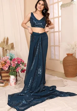 Pre-stitched Georgette Saree in Teal Blue