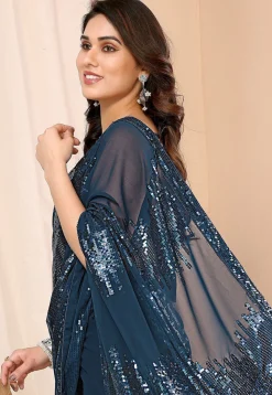 Pre-stitched Georgette Saree in Teal Blue
