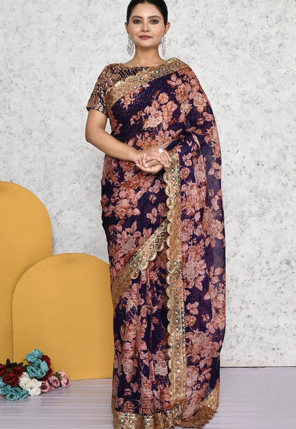 Pre-stitched Georgette Scalloped Saree in Navy Blue