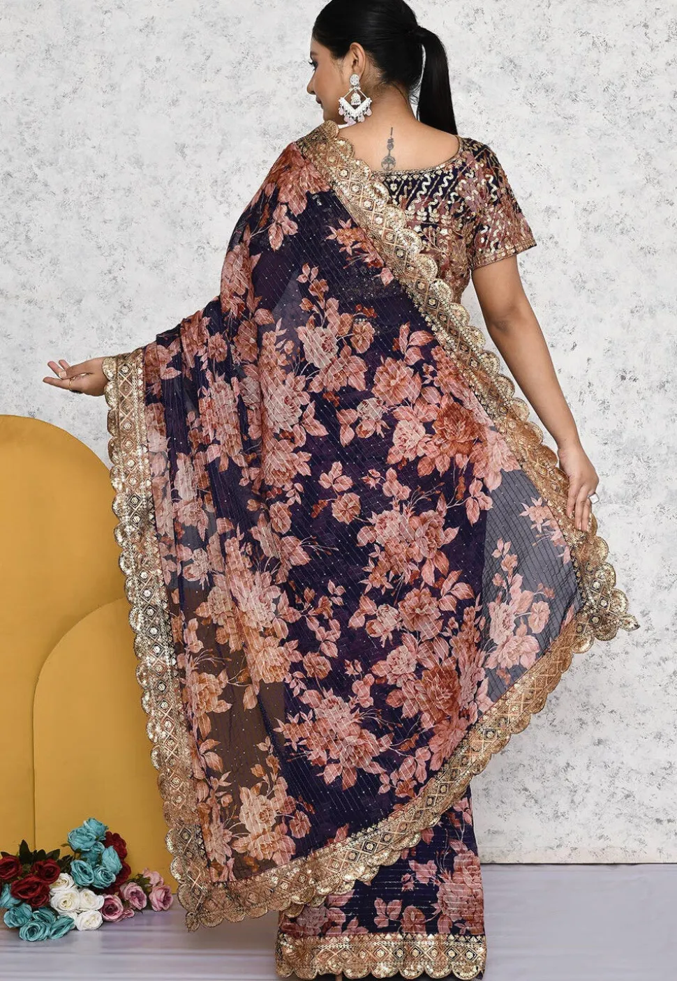 Pre-stitched Georgette Scalloped Saree in Navy Blue