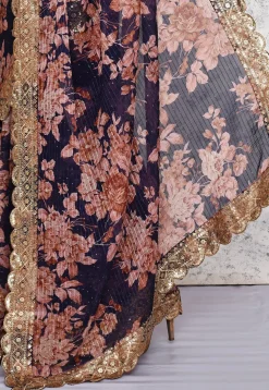 Pre-stitched Georgette Scalloped Saree in Navy Blue