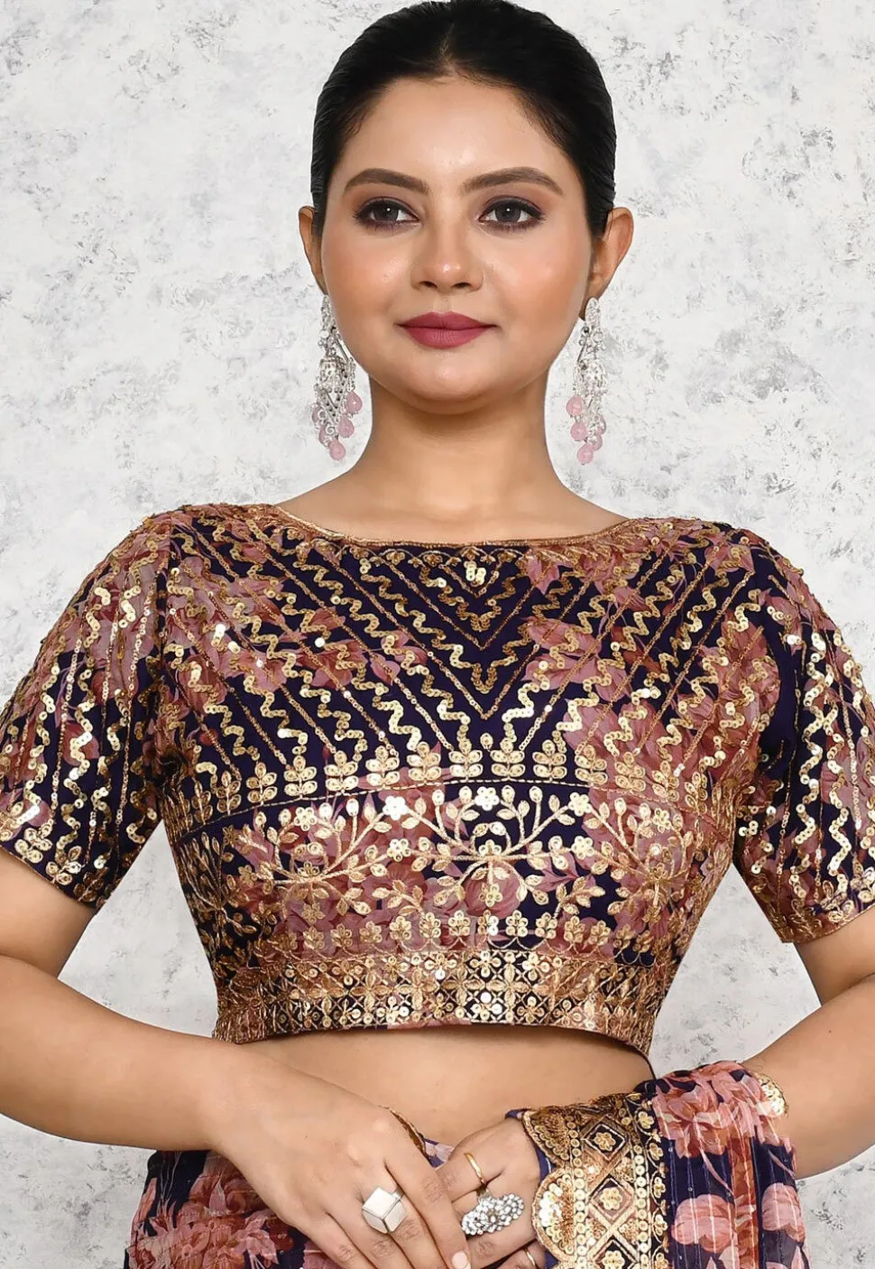 Pre-stitched Georgette Scalloped Saree in Navy Blue