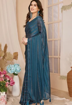 Pre-stitched Georgette Shimmer Saree in Teal Blue