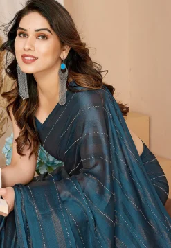 Pre-stitched Georgette Shimmer Saree in Teal Blue