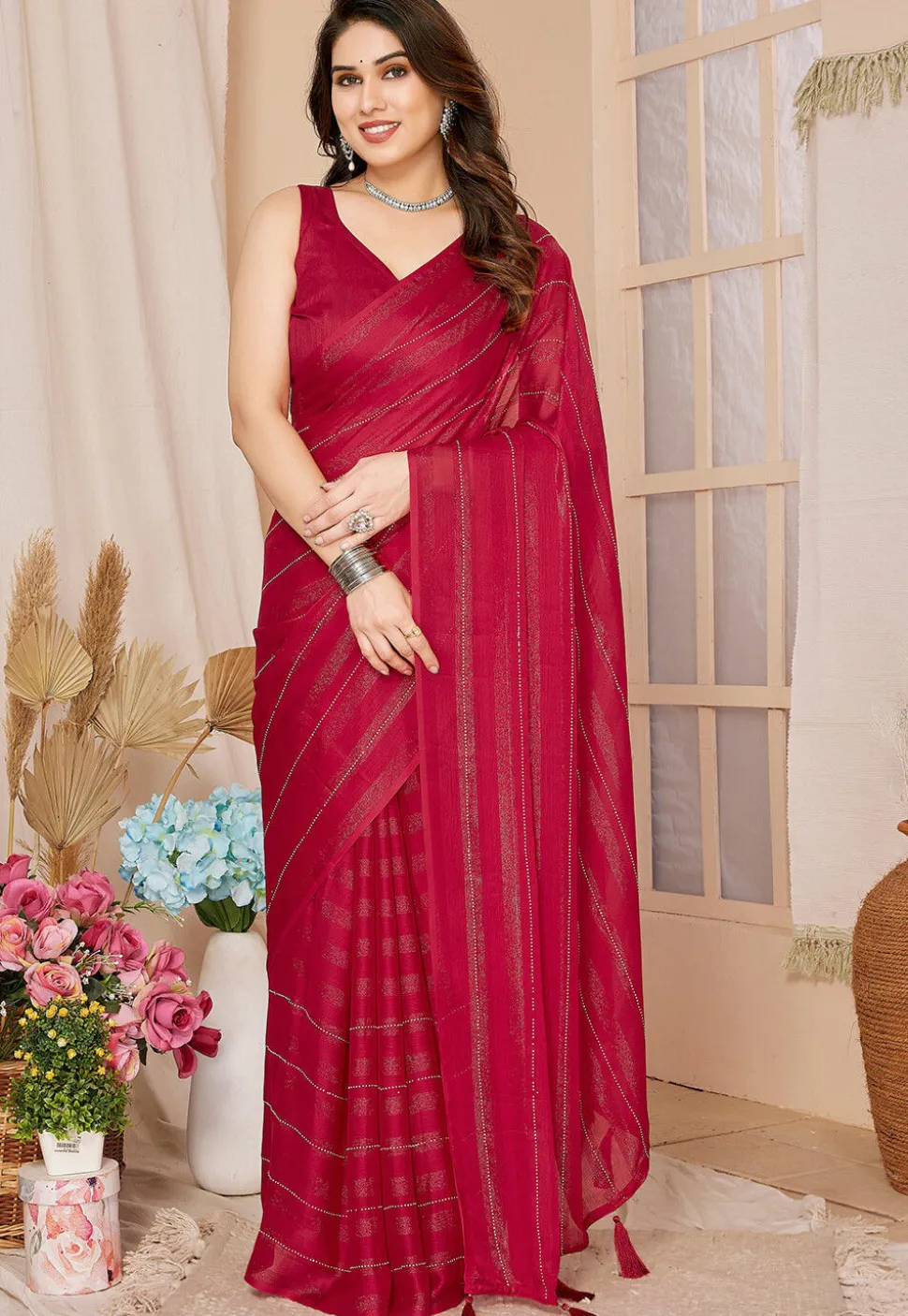 Pre-stitched Georgette Shimmer Saree in Fuchsia