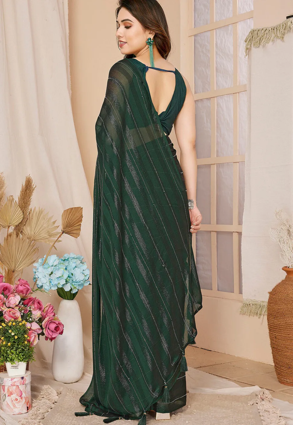 Pre-stitched Georgette Shimmer Saree in Dark Green