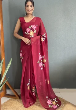 Pre-stitched Hand Painted Georgette Saree in Maroon