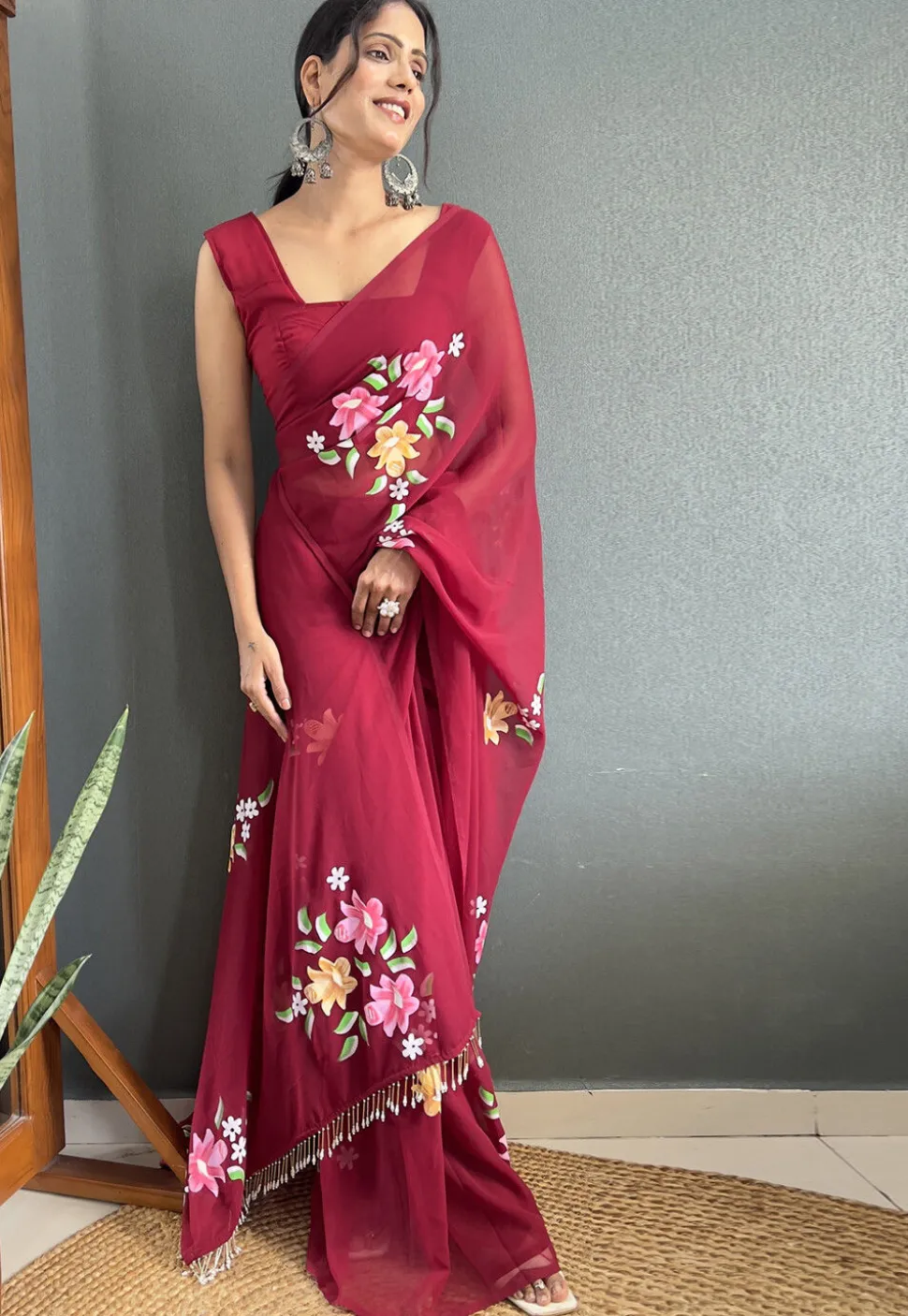 Pre-stitched Hand Painted Georgette Saree in Maroon