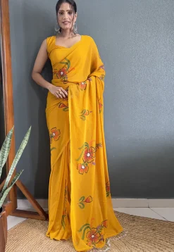 Pre-stitched Hand Painted Georgette Saree in Mustard