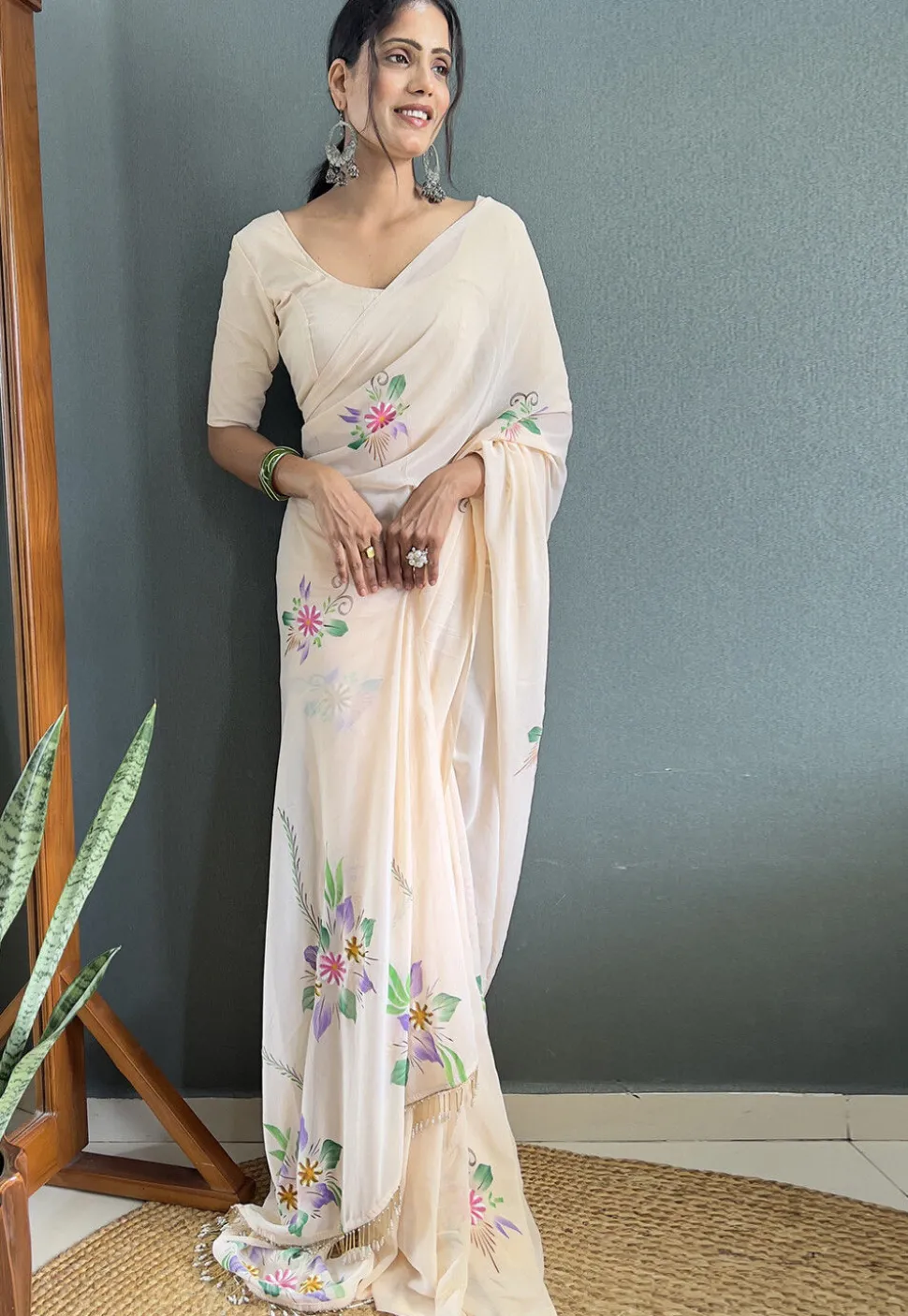 Pre-stitched Hand Painted Georgette Saree in Off White