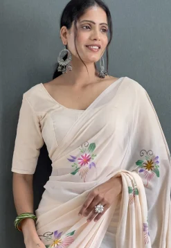 Pre-stitched Hand Painted Georgette Saree in Off White