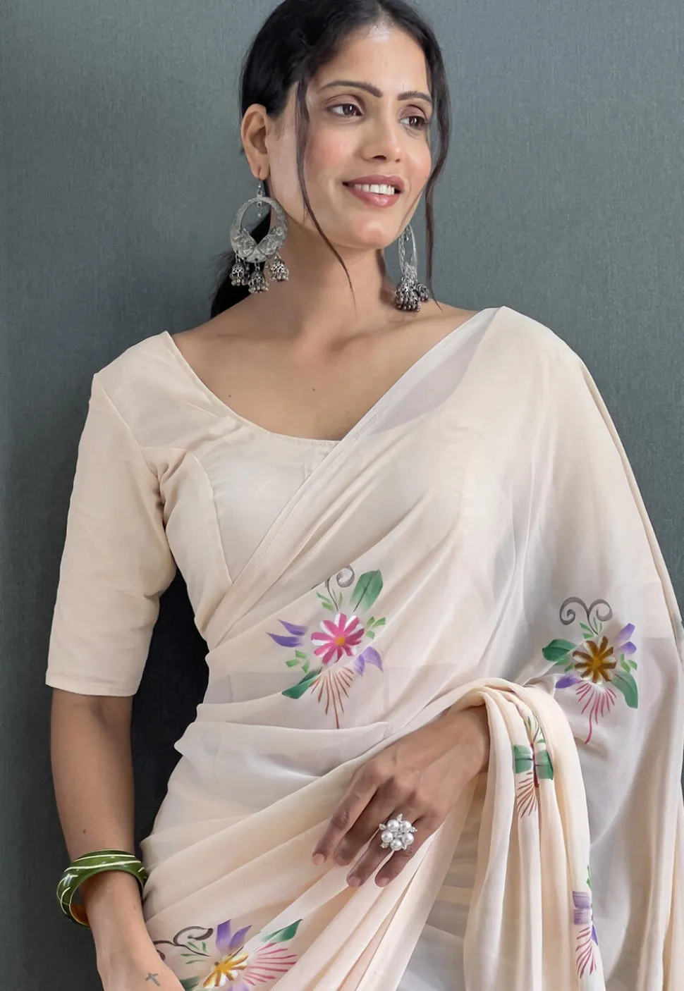 Pre-stitched Hand Painted Georgette Saree in Off White