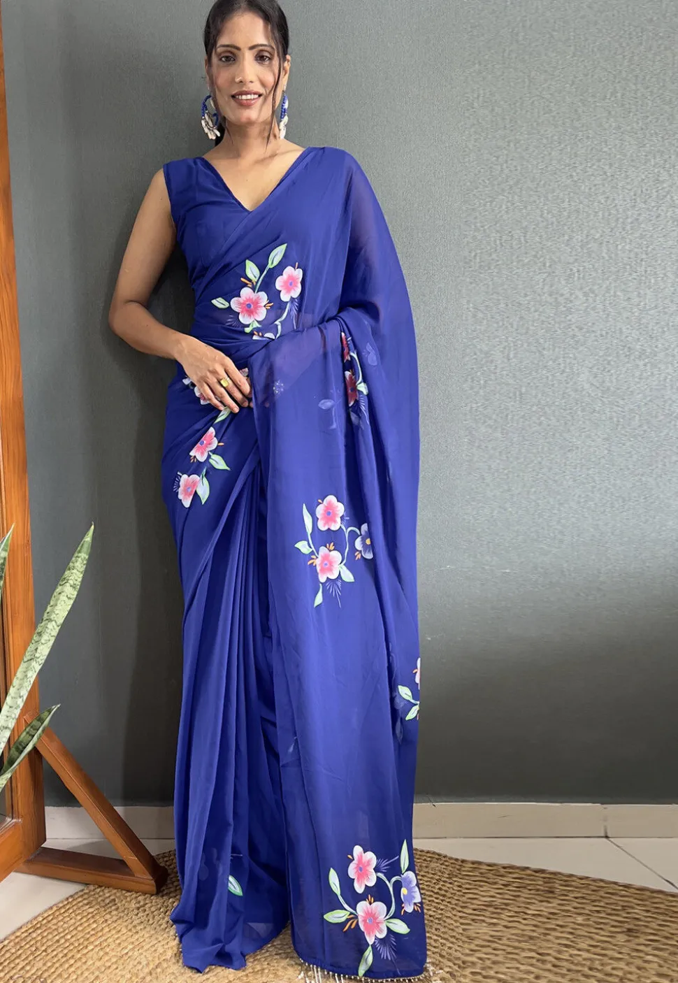 Pre-stitched Hand Painted Georgette Saree in Navy Blue