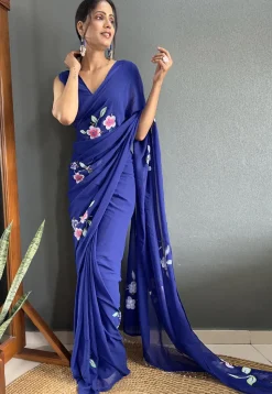 Pre-stitched Hand Painted Georgette Saree in Navy Blue