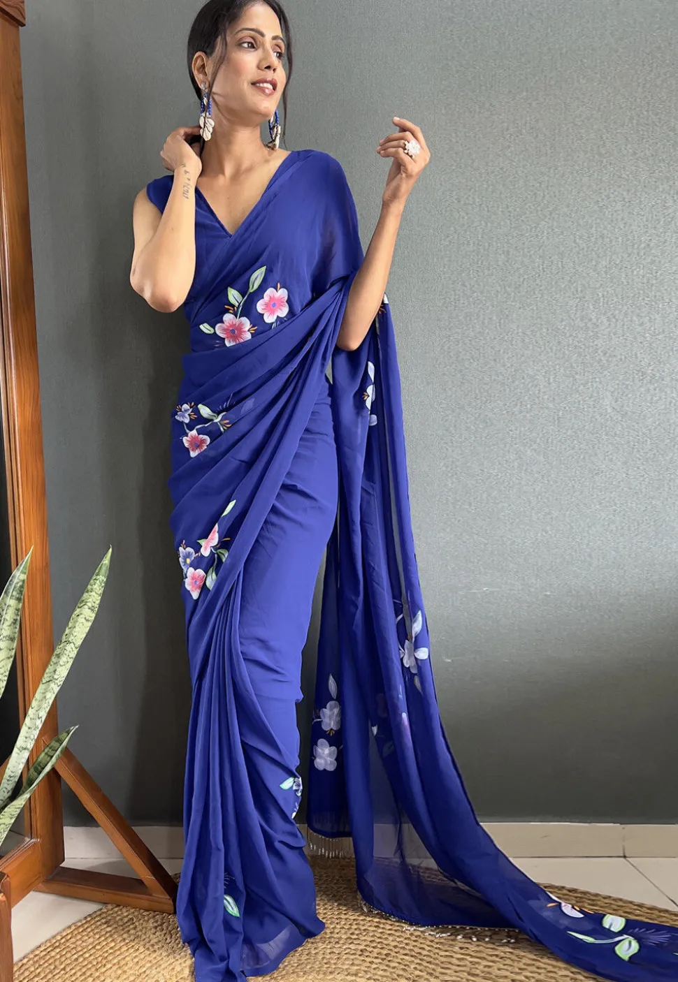 Pre-stitched Hand Painted Georgette Saree in Navy Blue