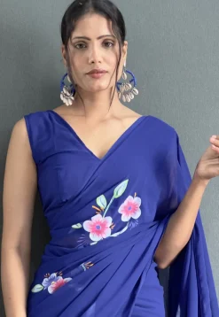 Pre-stitched Hand Painted Georgette Saree in Navy Blue