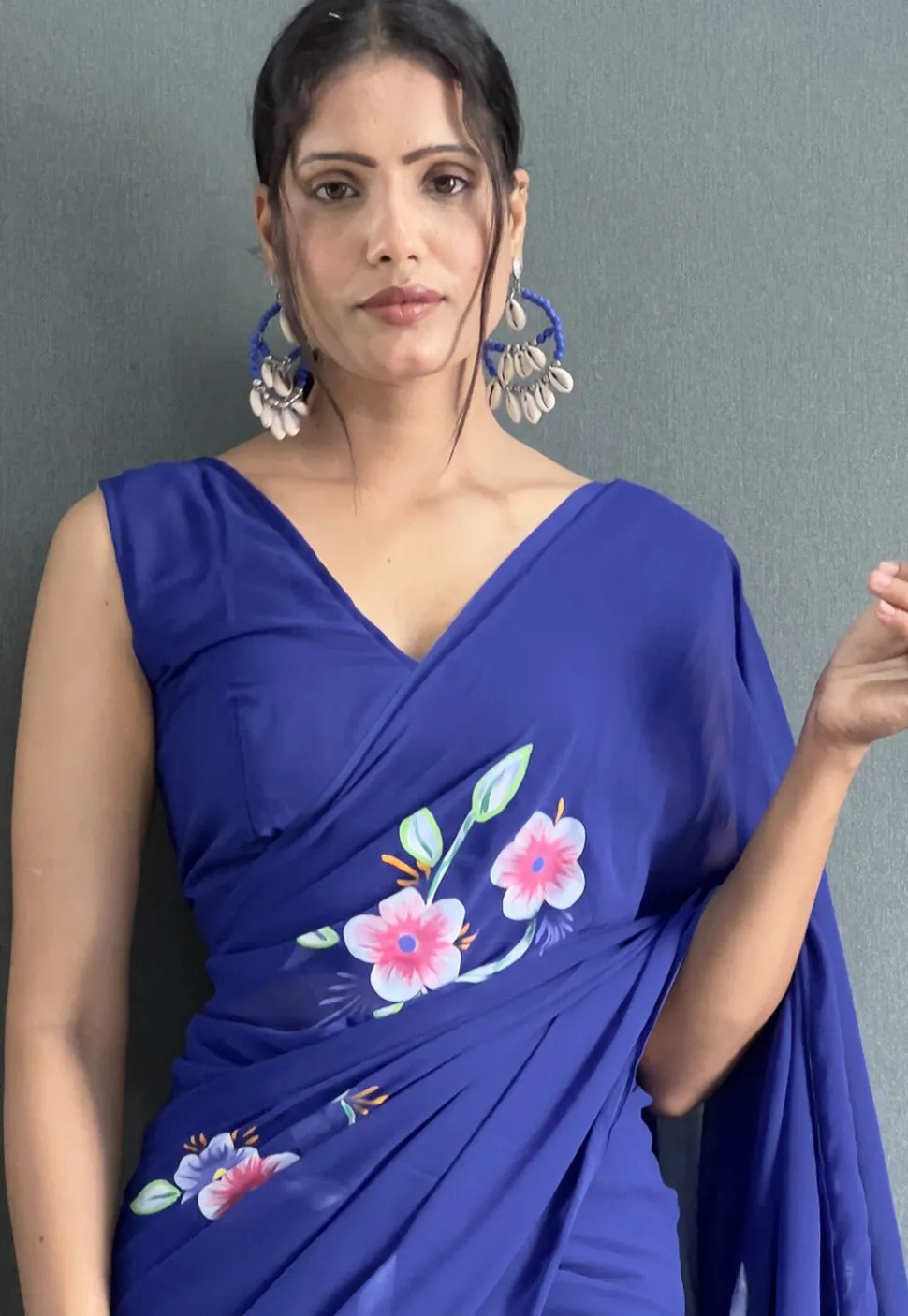 Pre-stitched Hand Painted Georgette Saree in Navy Blue
