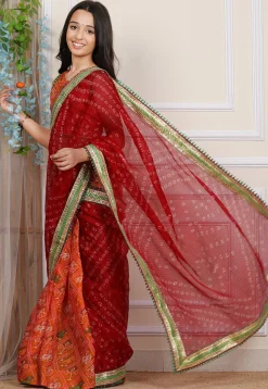 Pre-stitched Kota Silk Saree in Maroon and Orange