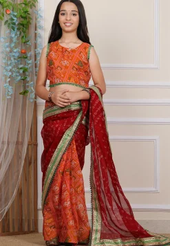 Pre-stitched Kota Silk Saree in Maroon and Orange