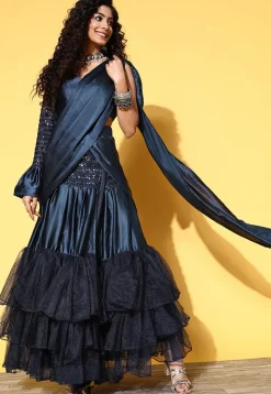 Pre-Stitched Lehenga Style Satin Saree in Navy blue