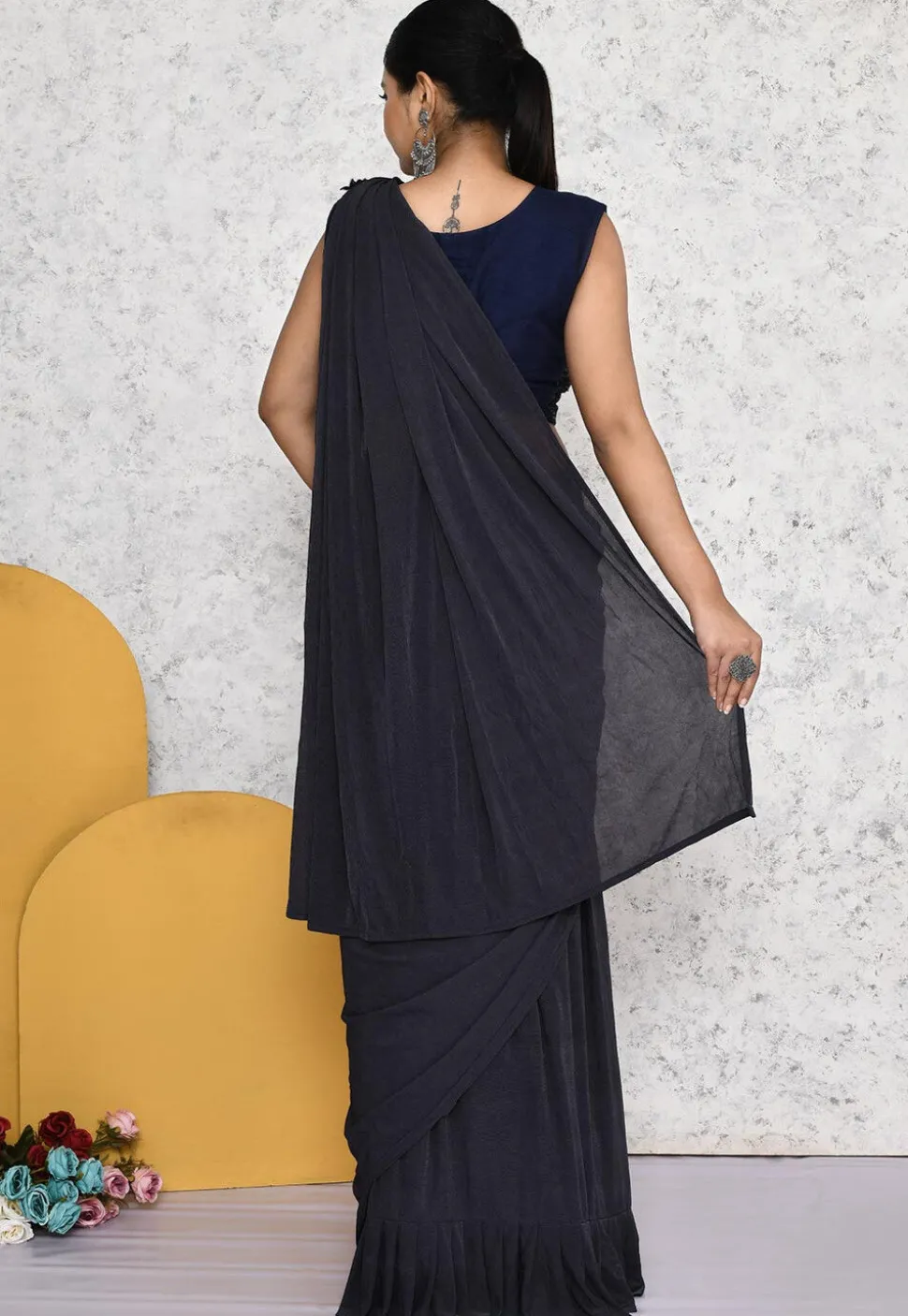 Pre-stitched Lycra (Elastane) Saree in Dark Grey